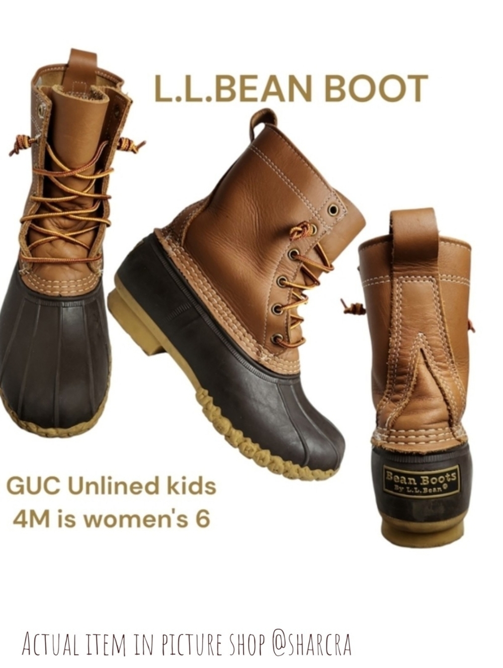 L.L.Bean bean boots unlined Chestnut Tan / Brown leather rubber women's size 6 M